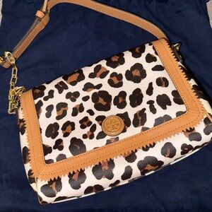 Vintage Tory Burch Leopard Print Shoulder Bag with Tan Accents - Like New!